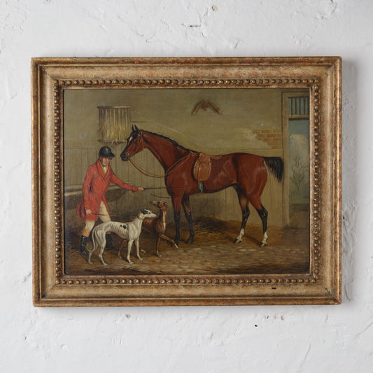 Huntsman with his dogs and horse in a stable  Oil on Canvas 19th Century