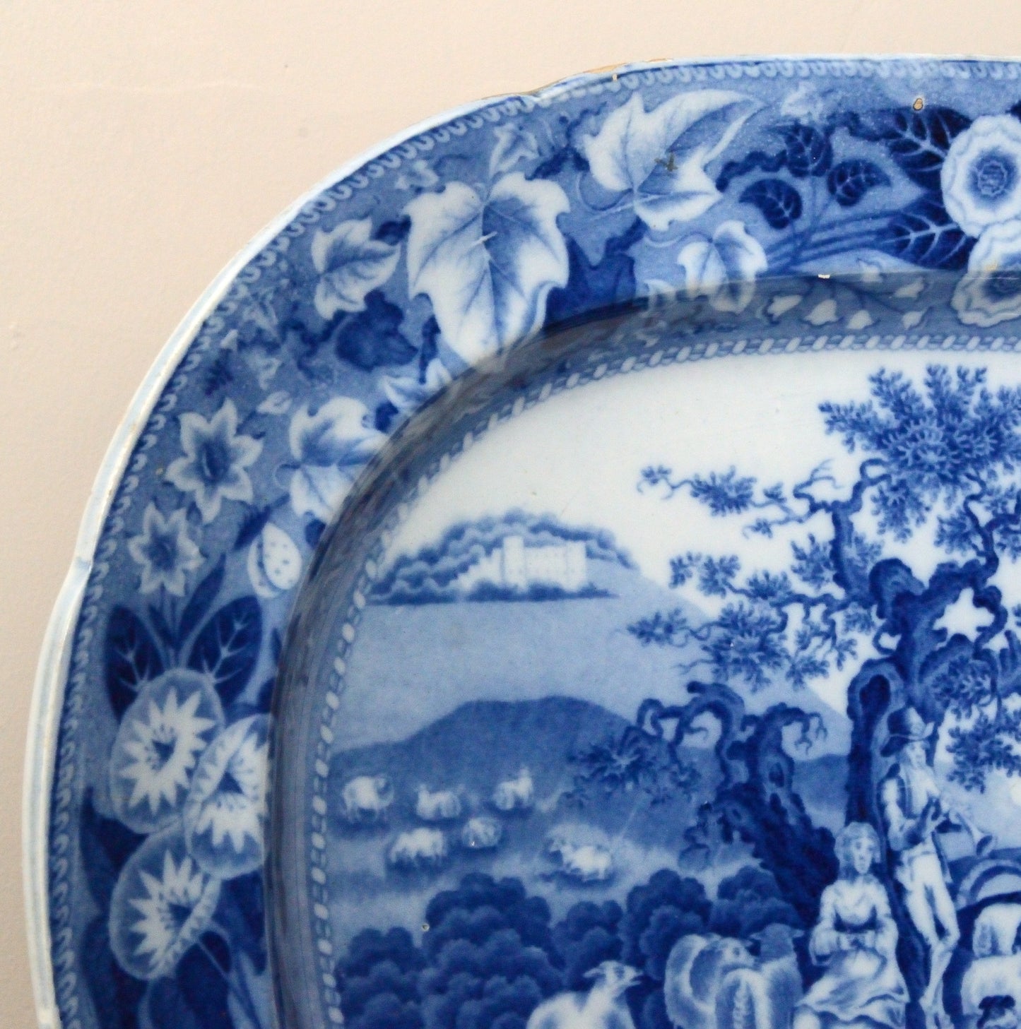 A Piping Shepherd Pattern Blue and White Serving Dish