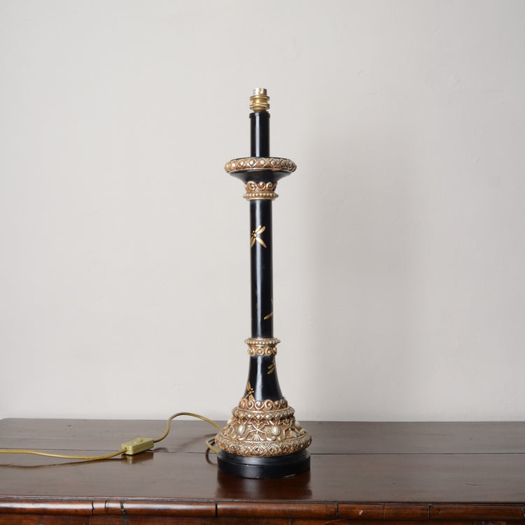 A Pair of Black Japanned and Hand Painted Table Lamps