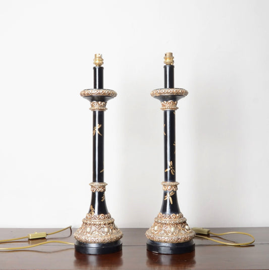 A Pair of Black Japanned and Hand Painted Table Lamps
