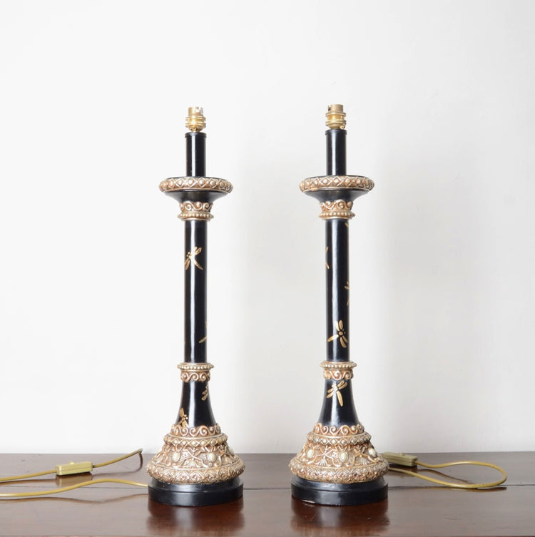 A Pair of Black Japanned and Hand Painted Table Lamps
