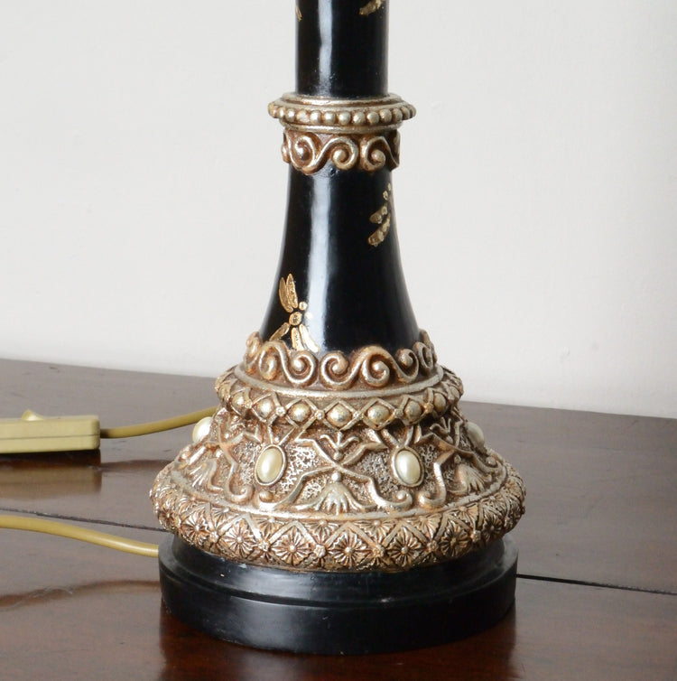 A Pair of Black Japanned and Hand Painted Table Lamps