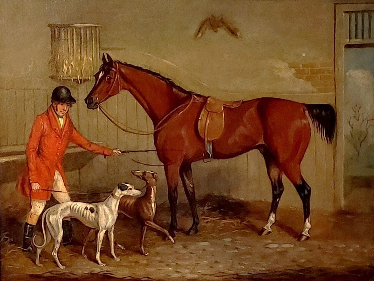 Huntsman with his dogs and horse in a stable  Oil on Canvas 19th Century