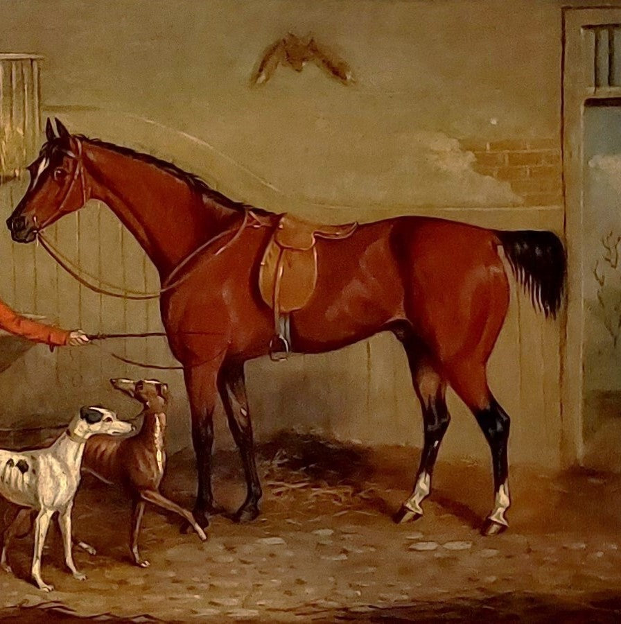 Huntsman with his dogs and horse in a stable  Oil on Canvas 19th Century
