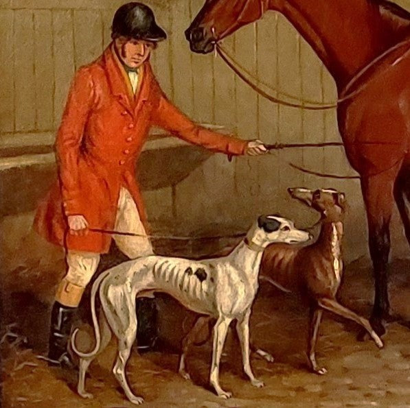 Huntsman with his dogs and horse in a stable  Oil on Canvas 19th Century