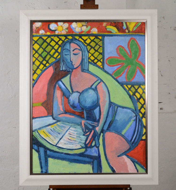 A Girl Reading the Sunday supplements    Oil on Board - Richard Gower