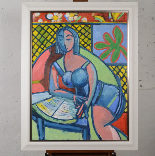 A Girl Reading the Sunday supplements    Oil on Board - Richard Gower