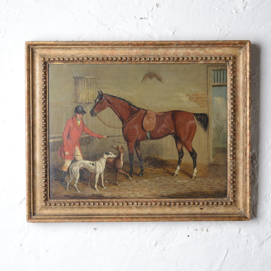 Huntsman with his dogs and horse in a stable  Oil on Canvas 19th Century